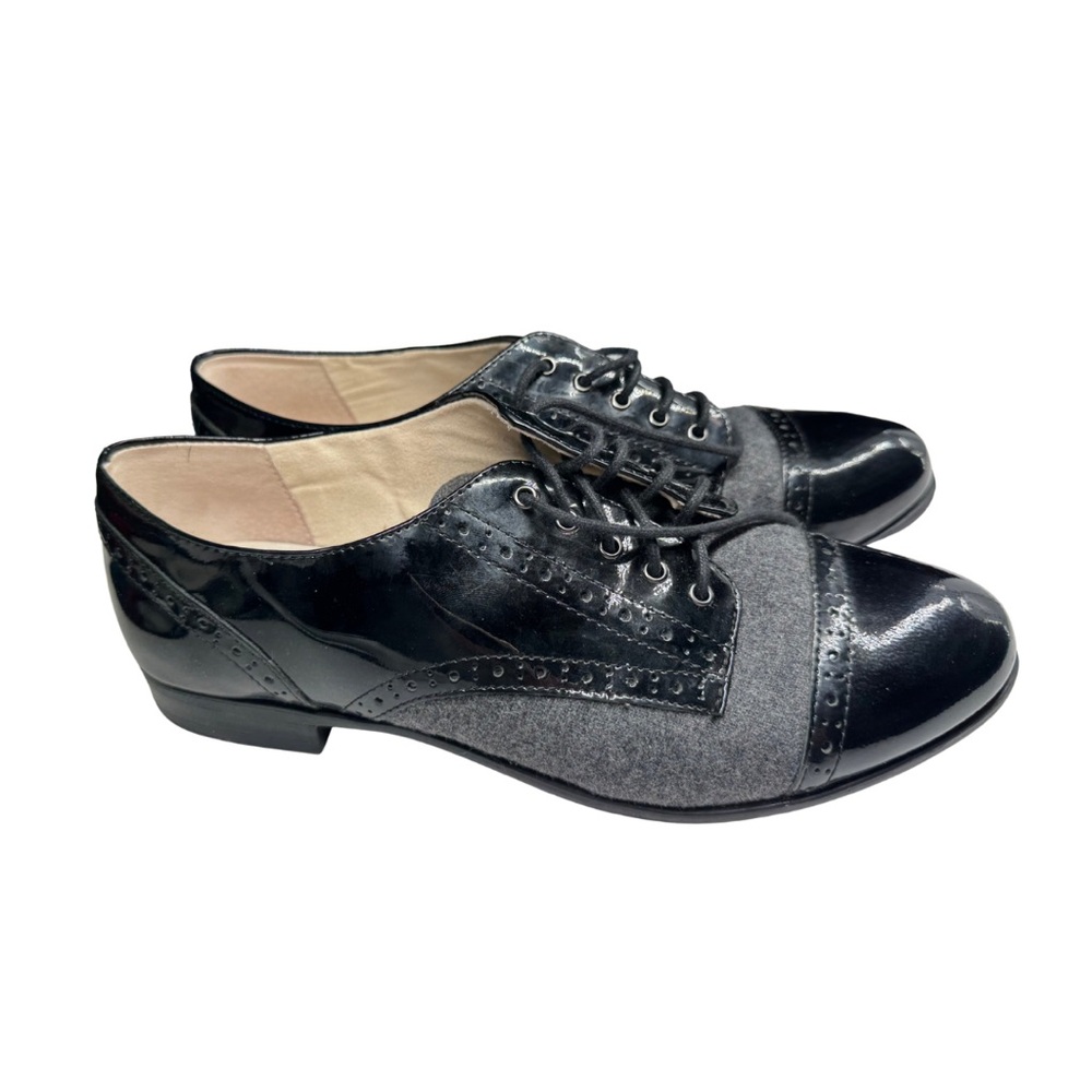 Alex Marie Black Patent leather and Gray Fabric oxfords lace up casual office 8